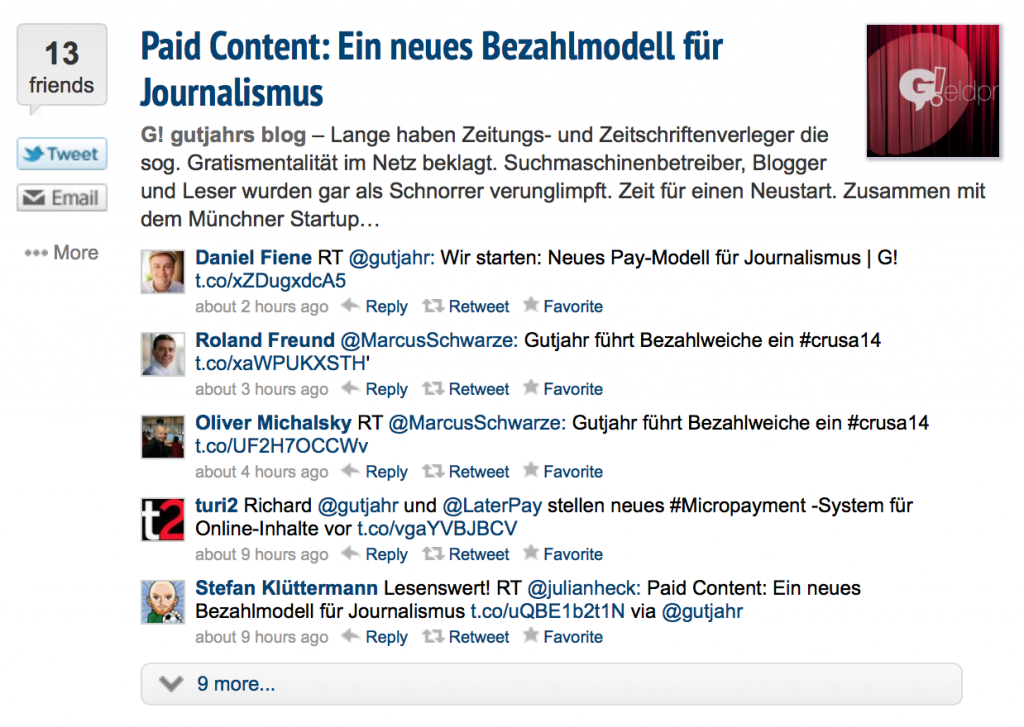 Nuzzel.com zeigt zu jedem Beitrag eine Vorschau und die Tweets meiner Freunde an. (Foto: Screenshot)