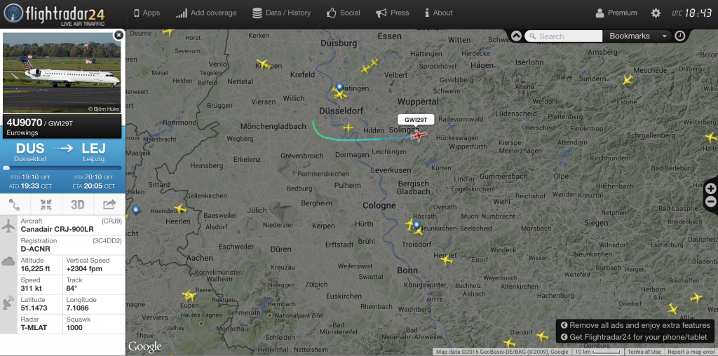 Der Luftraum über NRW (Quelle: Flightradar24.com)