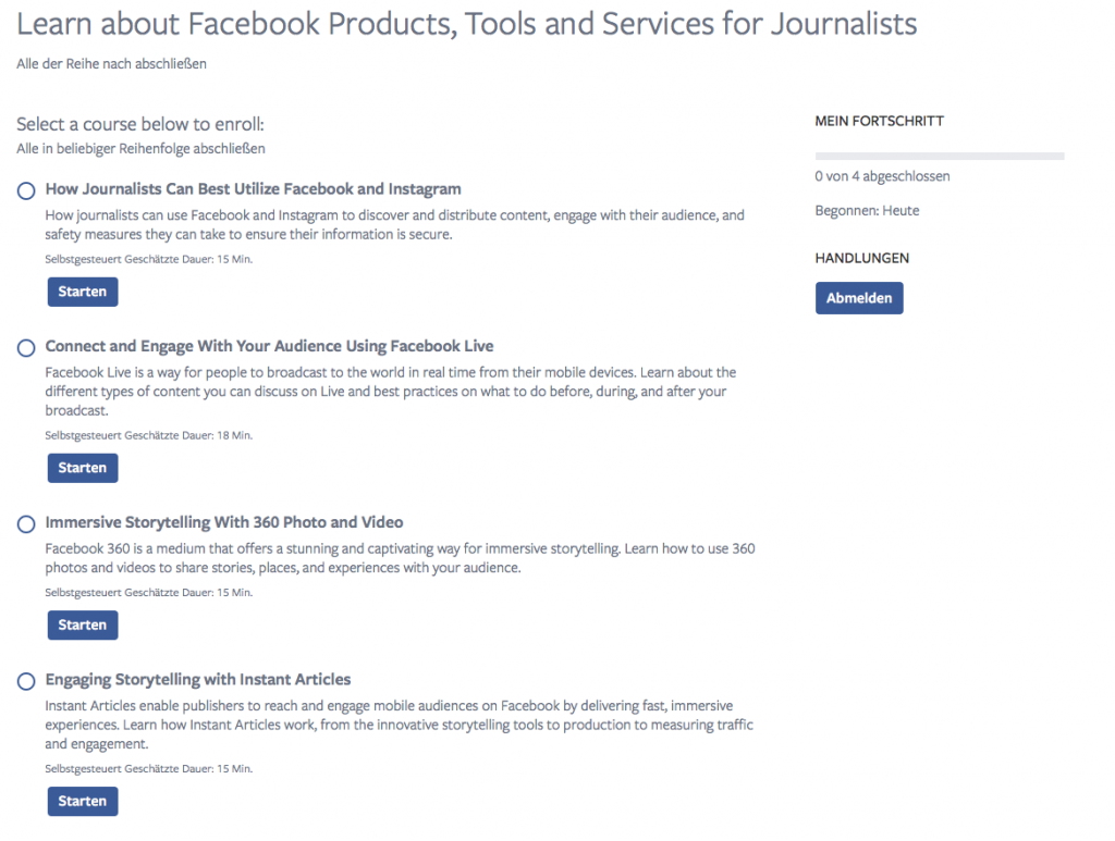 Zum Start bietet Facebook vier Kurse für Journalisten an. (Screenshot: Facebook.com)